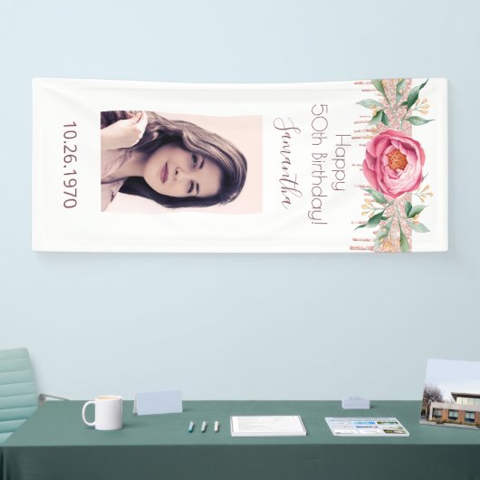 誕生日写真ホワイトローズ金ゴールドグリッターフローラ 横断幕 (トレードショー)