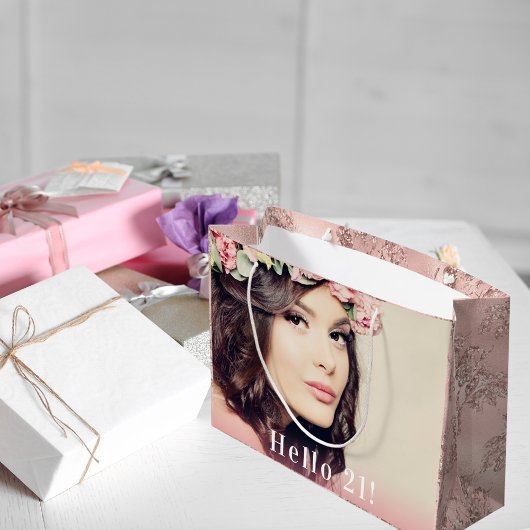 誕生日写真hello 21バラ金ゴールドグリッター ラージペーパーバッグ