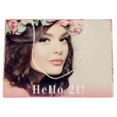 誕生日写真hello 21バラ金ゴールドグリッター ラージペーパーバッグ (正面)