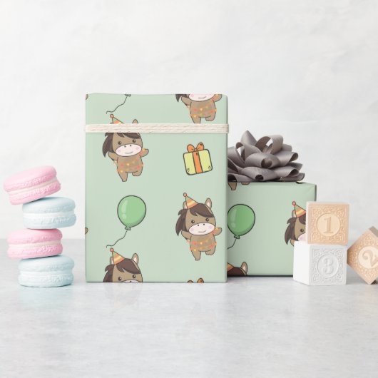 誕生日動物かわいい馬子供への誕生日パーティー ラッピングペーパー (ベビーシャワー)