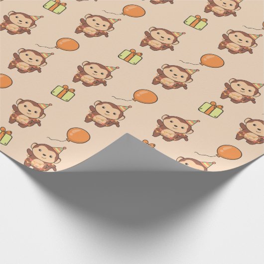 誕生日動物可愛いサル子供の誕生日パーティー ラッピングペーパー (角)