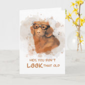 誕生日古い犬/めちゃめちゃな水色のグラス カード (黄色い花)