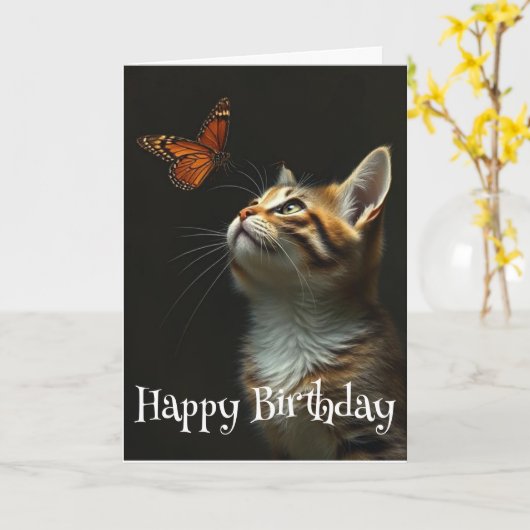 誕生日可愛い猫蝶 カード (黄色い花)