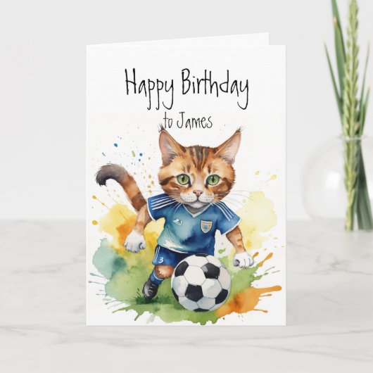 誕生日名前をカスタムするおもしろいかわいい猫遊のサッカー カード (正面)
