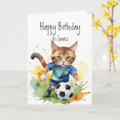誕生日名前をカスタムするおもしろいかわいい猫遊のサッカー カード (黄色い花)