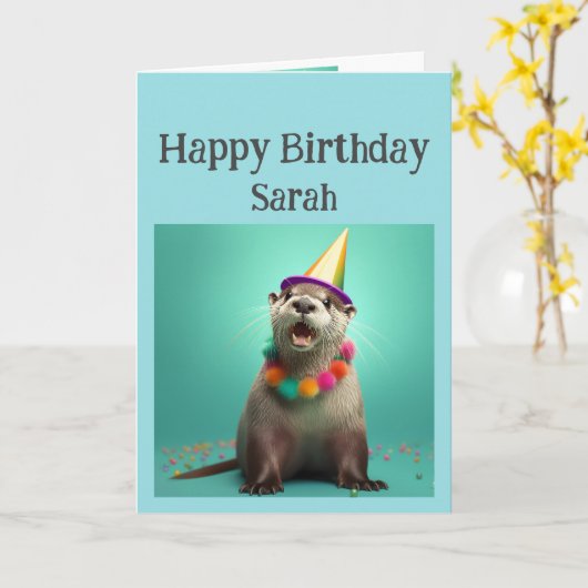 誕生日名前をカスタムするおもしろいオッター動物ユーモア カード (黄色い花)