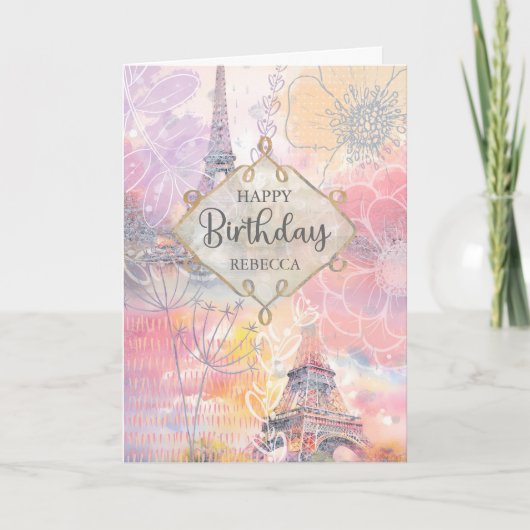 誕生日名前をカスタムするエッフェルタワーウォーター色 カード (正面)