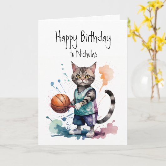 誕生日名前をカスタムするキャット遊ズバスケットボール カード (黄色い花)