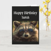 誕生日名前をカスタムするクールシスターラクーン カード (黄色い花)