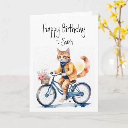 誕生日名前をカスタムするネコが自転車に乗る カード (黄色い花)