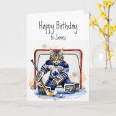 誕生日名前をカスタムするネコ遊ズゴアリーホッケー カード (黄色い花)