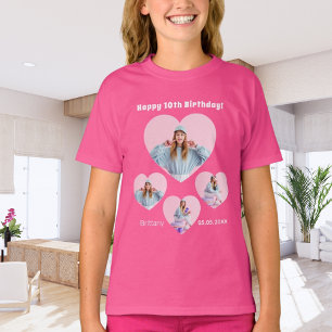 誕生日名年齢写真ハートコラージガールピンク Tシャツ