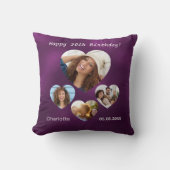 誕生日名年齢写真ハートコラージュ女性パープル クッション (正面)