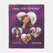 誕生日名年齢写真ハートコラージュ女性パープル フリースブランケット (正面)