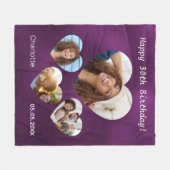 誕生日名年齢写真ハートコラージュ女性パープル フリースブランケット (正面(横))