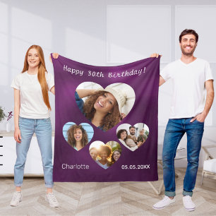 誕生日名年齢写真ハートコラージュ女性パープル フリースブランケット