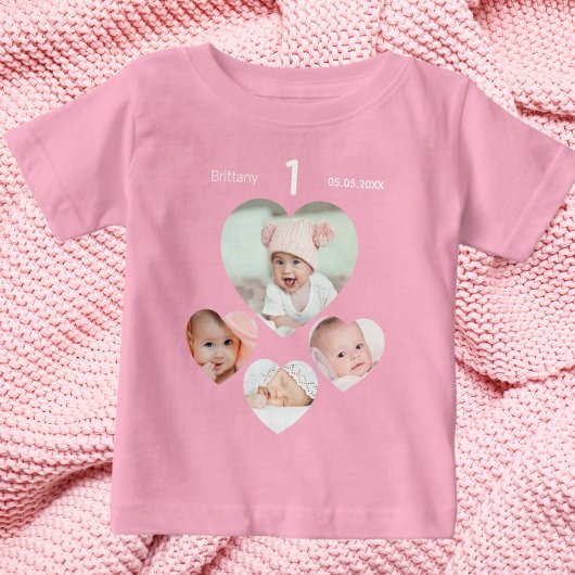 誕生日名age photo collage baby girl pink ベビーTシャツ