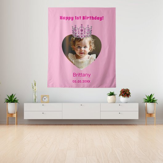 誕生日名photo pink tiara baby girl welcome タペストリー