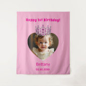 誕生日名photo pink tiara baby girl welcome タペストリー (正面)