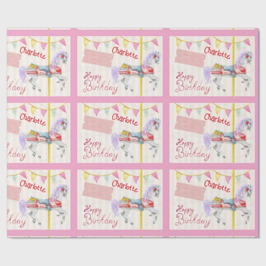 誕生日回転木馬ホース追加ガールズネーム ラッピングペーパー (フラット)