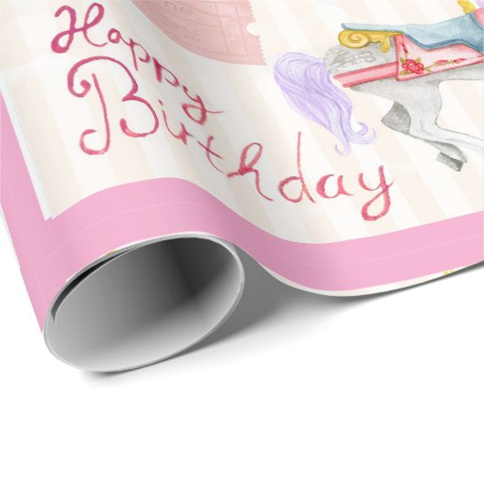 誕生日回転木馬ホース追加ガールズネーム ラッピングペーパー (ロールコーナー)
