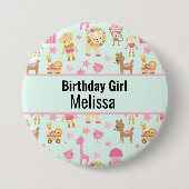 誕生日女の子かわいいパターンと動物とおもちゃ 缶バッジ (正面)