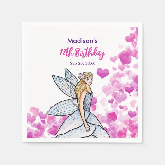 誕生日妖精プリンセスピンクハートファッションスケッチ スタンダードカクテルナプキン (正面)