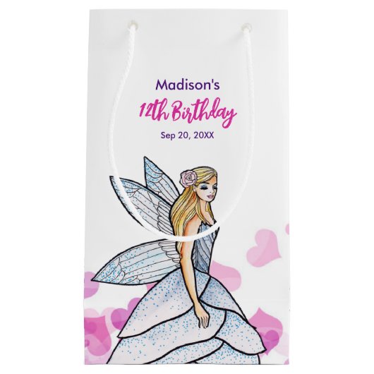 誕生日妖精プリンセスピンクハートファッションスケッチ スモールペーパーバッグ (正面)