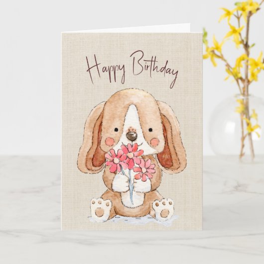 誕生日子犬と花 カード (黄色い花)