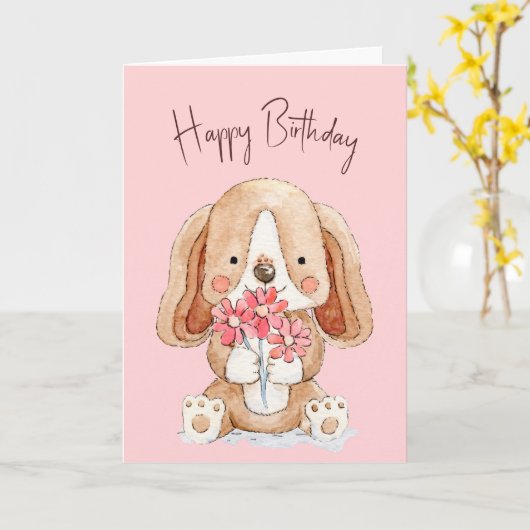 誕生日子犬と花 カード (黄色い花)