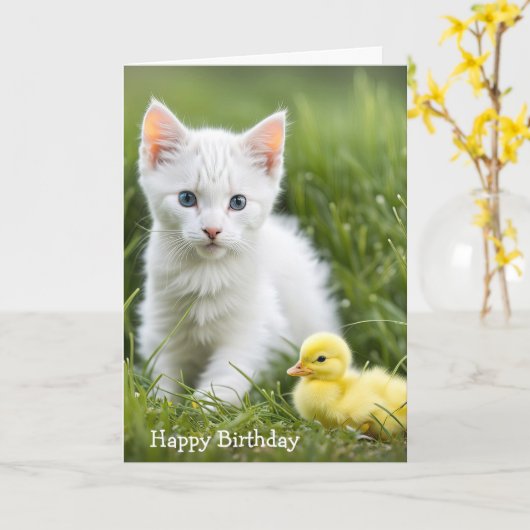 誕生日子猫アヒル カード (黄色い花)