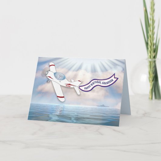誕生日孫パイロット飛んでいる飛行機オーバーウォーターCa カード (正面)