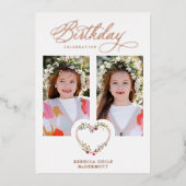 誕生日実在バラ金ゴールド2写真フローラハート 箔招待状 (正面)