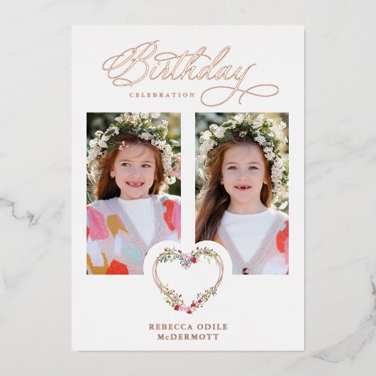 誕生日実在バラ金ゴールド2写真フローラハート 箔招待状 (正面)