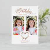 誕生日実在バラ金ゴールド2写真フローラハート 箔招待状 (立ち正面)