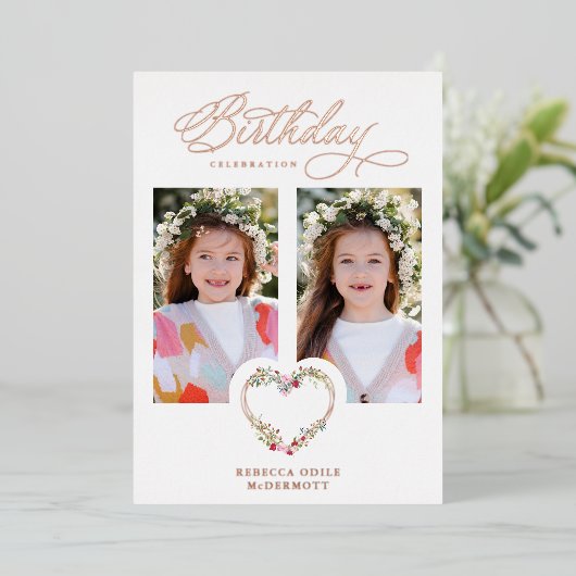 誕生日実在バラ金ゴールド2写真フローラハート 箔招待状 (立ち正面)