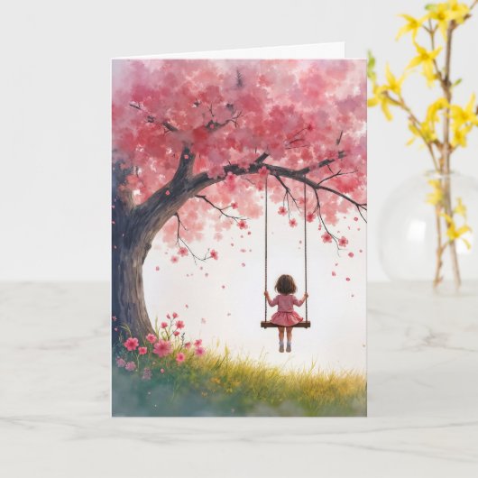誕生日小さな女の子オンさくらんぼツリースイング カード (黄色い花)