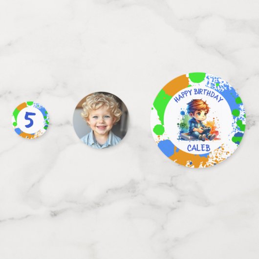 誕生日少年の名前と年齢の写真パーソナライズされた コンフェッティ (裏面)