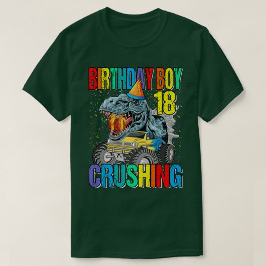 誕生日少年18モンスタートラック恐竜を粉砕 Tシャツ (デザイン正面)