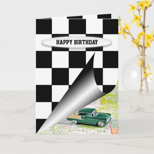 誕生日市松模様に国旗と旧車 カード (黄色い花)