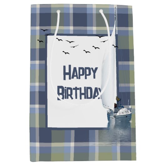 誕生日帆船オンプレイド ミディアムペーパーバッグ (正面)