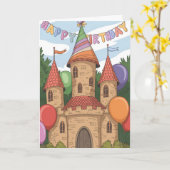 誕生日帽をかぶったお城 カード (黄色い花)