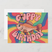 誕生日帽をかぶったグッピーのサイケデリックカラー ポストカード (正面/裏面)