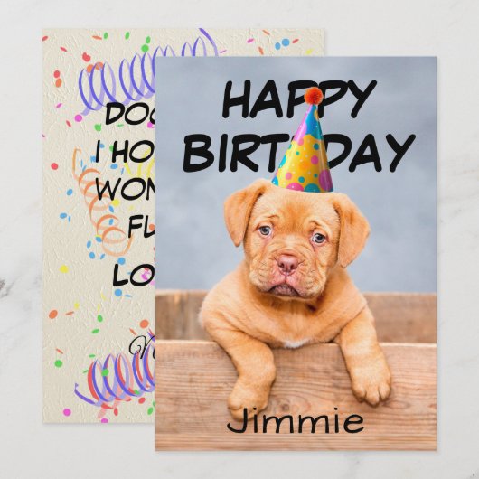 誕生日帽子をかぶった子犬のバースデーグリーティング カード (正面/裏面)