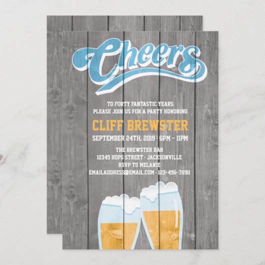 誕生日応援と木材を使用したビール 招待状 (正面/裏面)
