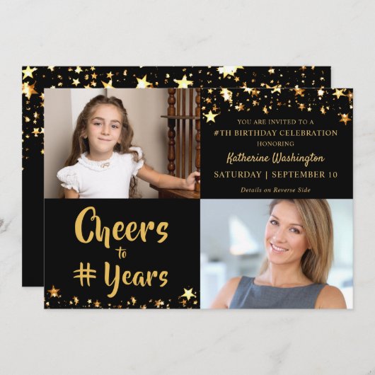 誕生日応援へ#年ブラック金ゴールド星写真 招待状 (正面/裏面)