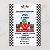 誕生日恐竜のレースカーボーイレッドレーシングキッズナム ポストカード (正面)