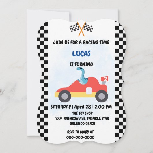 誕生日恐竜のレースカーボーイレッドレーシングキッズナム 招待状 (正面)