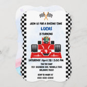 誕生日恐竜のレースカーボーイレッドレーシングキッズナム 招待状 (正面/裏面)