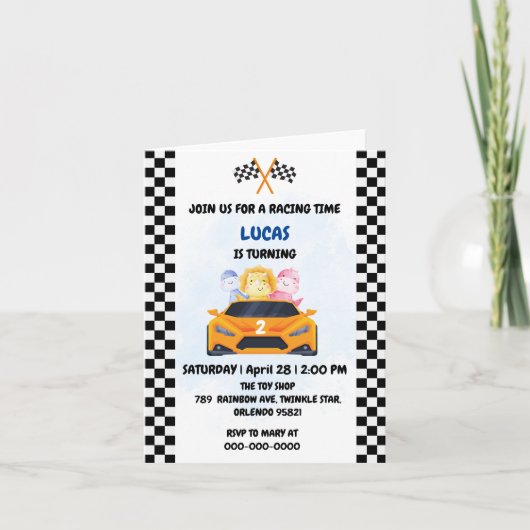 誕生日恐竜のレースカーボーイレッドレーシングキッズナム 招待状 (正面)